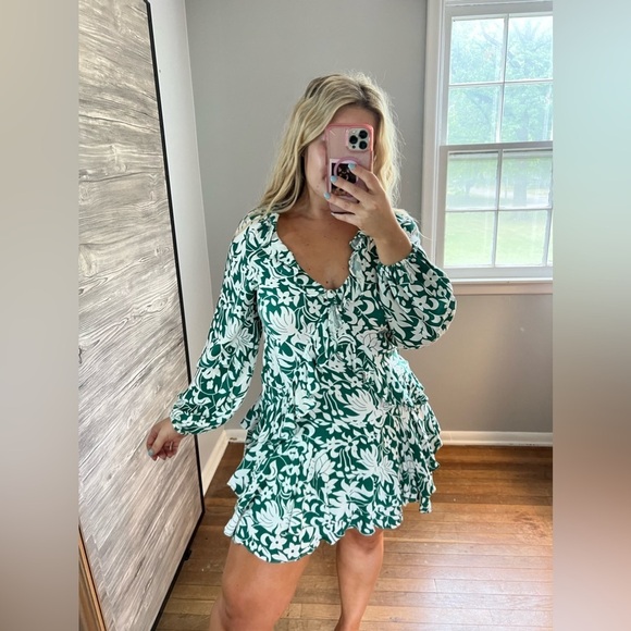 Free People Long Sleeve Green White Dress Mini Small - Picture 3 of 12